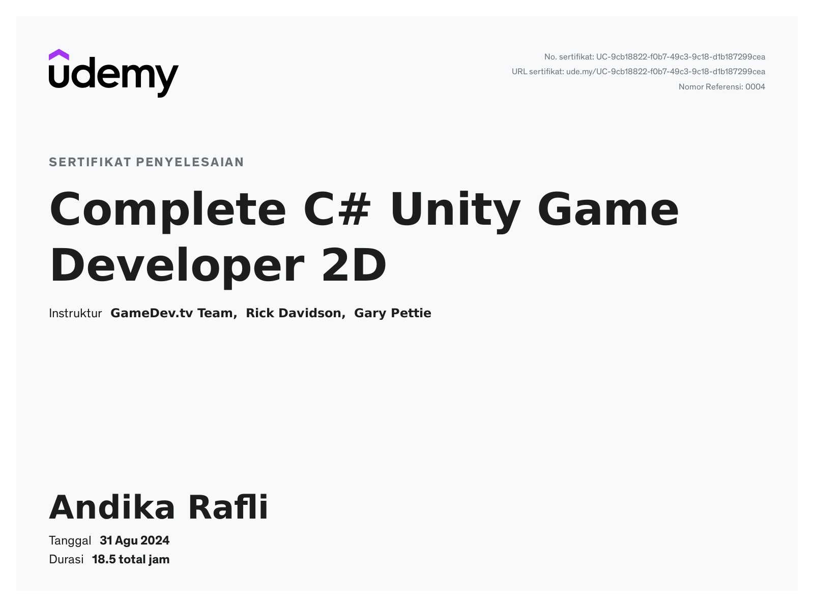 Sertifikat C# Unity Game Developer 2D
